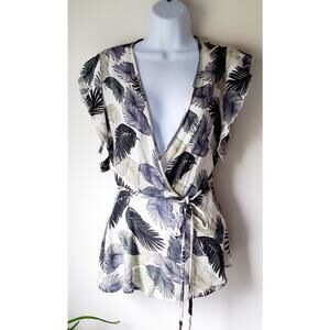 Womens White Palm Tree Faux Wrap Top Size Large Resort Wear Beachy Cruise Wear